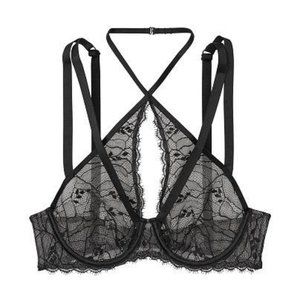 NWOT Victoria's Secret High Neck Chantilly Lace Unlined Bra - Black 34DDD